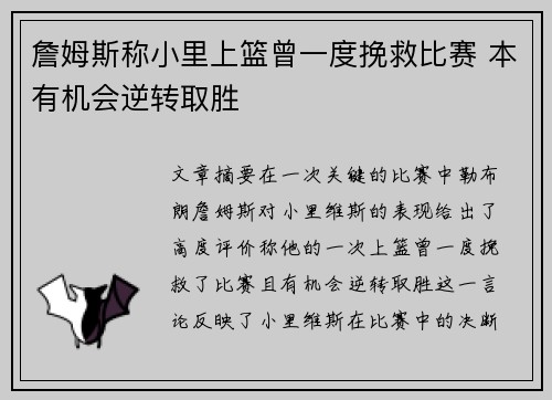 詹姆斯称小里上篮曾一度挽救比赛 本有机会逆转取胜 詹姆斯称小里上篮曾一度挽救比赛 本有机会逆转取胜