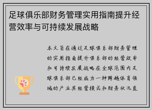 足球俱乐部财务管理实用指南提升经营效率与可持续发展战略